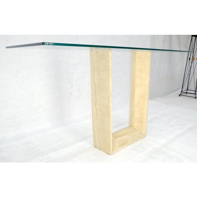 Travertine Sculptural Low Profile U Shape Base Glass Top Console Table MINT For Sale - Image 10 of 14