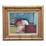 Lady Reading a Book, 1950s, Oil Painting on Canvas, Framed For Sale