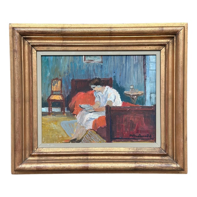 Lady Reading a Book, 1950s, Oil Painting on Canvas, Framed For Sale