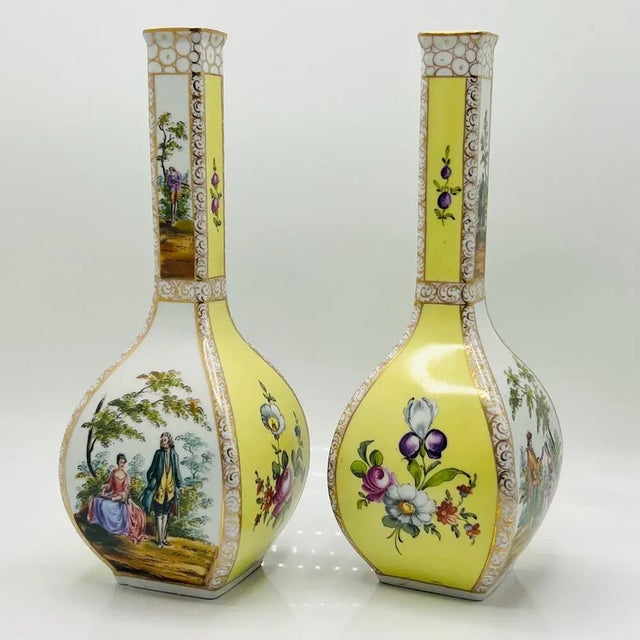 Porcelain Vases with Yellow Ground and Watteau Scenes from Helena Wolfsohn Dresden, 1875, Set of 2 For Sale - Image 5 of 13