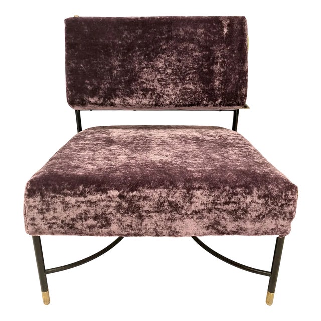 Vintage Purple Velvet armchair in Black Rod Frame and Brass Finials from Poltrona, 1950s For Sale