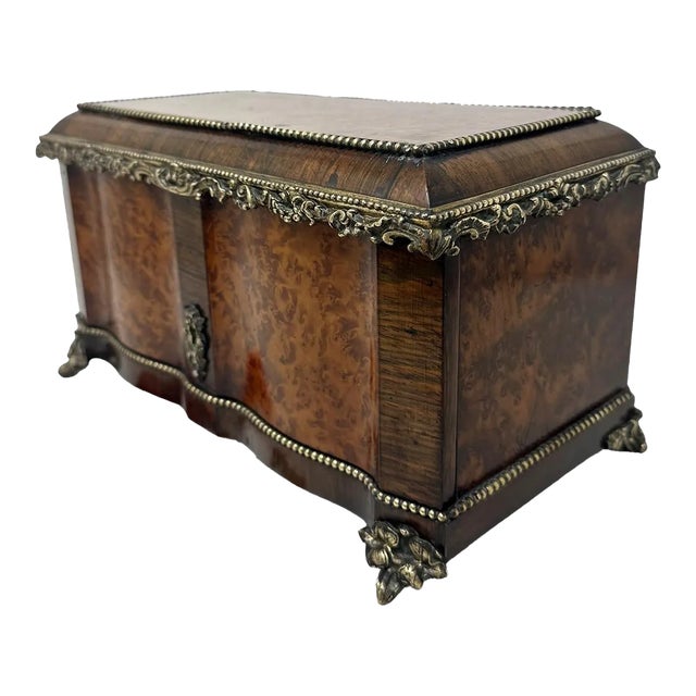 Antique Bronze Burl Walnut French Jewelry Sewing Casket Silk Lined Interior 19c For Sale