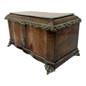 Antique Bronze Burl Walnut French Jewelry Sewing Casket Silk Lined Interior 19c