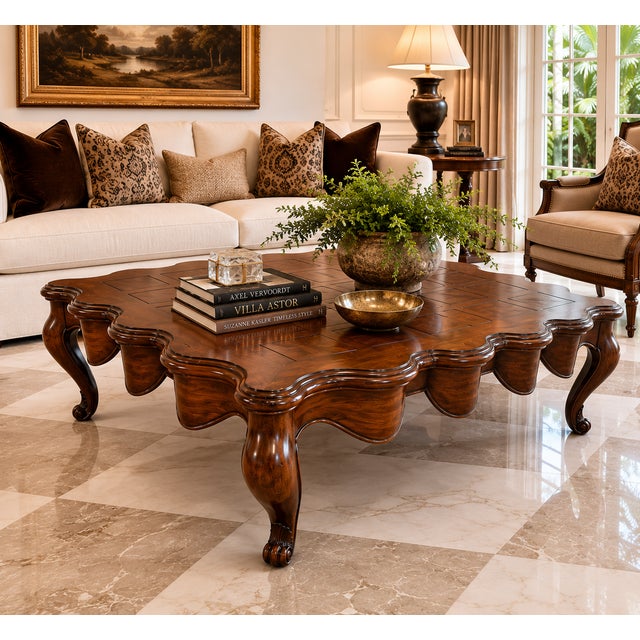 A striking oversized coffee table attributed to Marge Carson, distinguished by its dramatic sculptural form and generous...