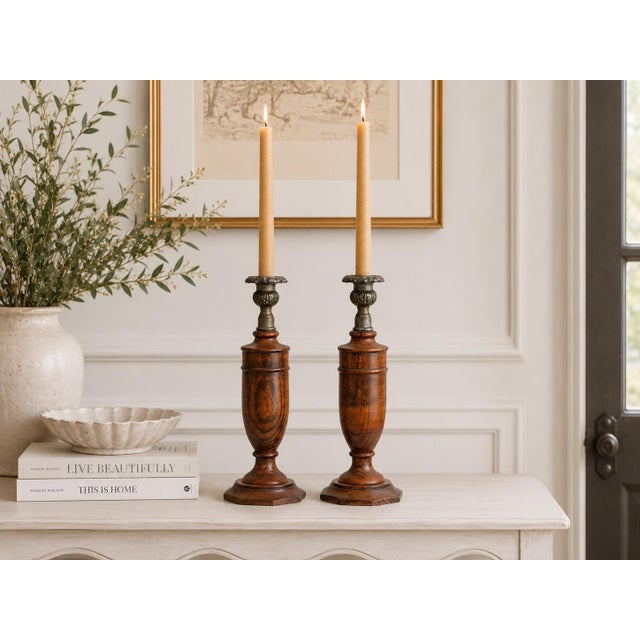 Late 19th Century English Oak Candlesticks With Ornate Cups, Pair For Sale - Image 5 of 5