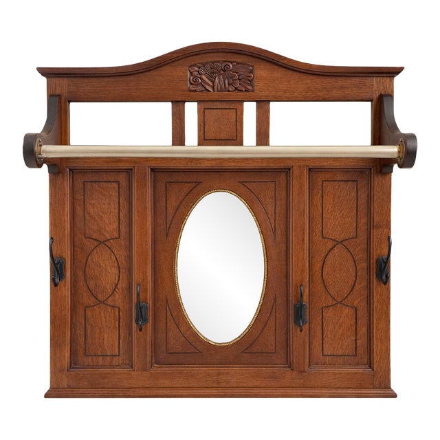 Antique 1910s Arts & Crafts Oak Entry Way / Hall Mirror With Hooks and Hanging Bar For Sale