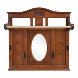 Antique 1910s Arts & Crafts Oak Entry Way / Hall Mirror With Hooks and Hanging Bar
