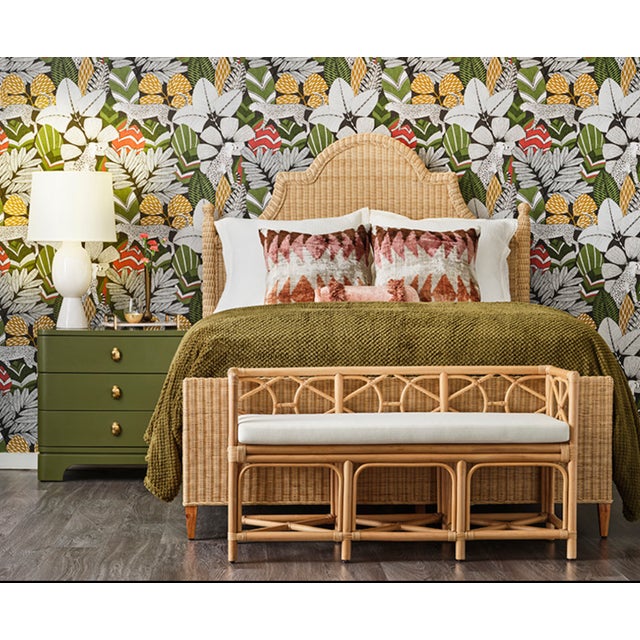 Contemporary Matthew Izzo Home Ferguson Natural Rattan Bench With Ivory Performance Linen Seat Cushion For Sale - Image 3 of 6