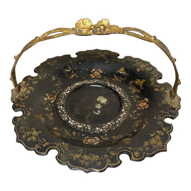 Antique 1800's Inlaid Mother of Pearl Bronze Paper Mache French Centerpiece Dish For Sale
