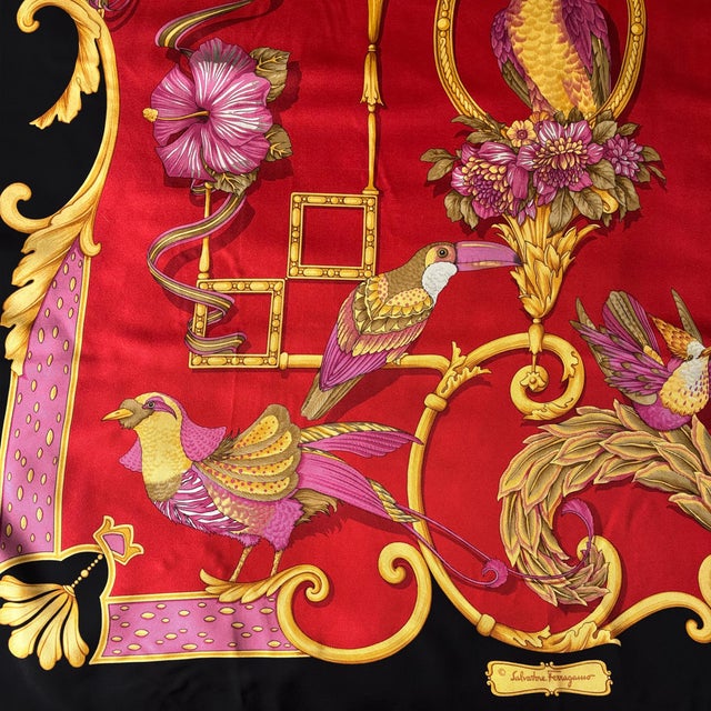 Salvatore Ferragamo Framed Salvatore Ferragamo Silk Scarf, Exotic Birds & Monkeys, 37" X 37" Luxury Wall Art For Sale - Image 4 of 6