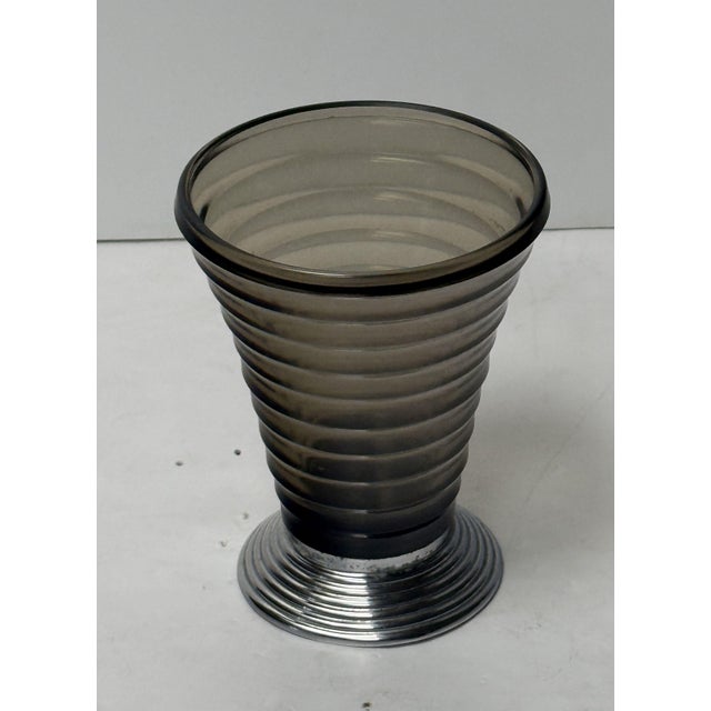 Art Deco Vases of Ribbed Smoked Glass and Chrome - From France (Two Available) For Sale - Image 9 of 15