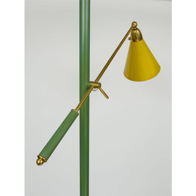 Stilnovo 1960s Round Beige Marble Base Green Enameled Stem Adjustable Arm Floor Lamp For Sale - Image 4 of 7