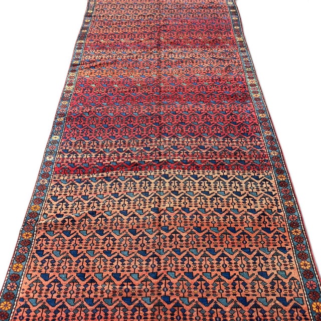 Rare Antique Kazak Runner 4x10 | Faded Red & Pink With Blue Tribal Motifs For Sale - Image 4 of 5