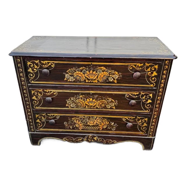 Antique Victorian Paint Decorated Cottage Pine 3 Drawer Chest For Sale