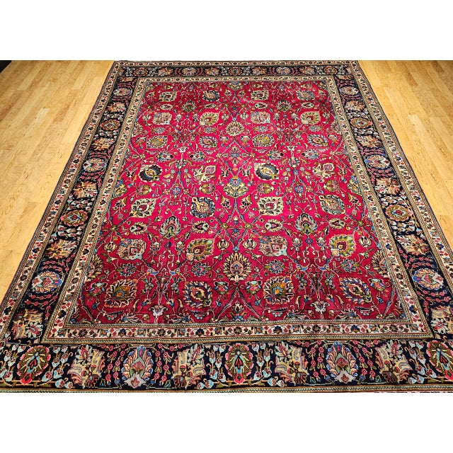 Vintage Persian Tabriz Rug, Hand-Knotted Wool, All Over Geometric Pattern, Red & Navy, 10x13 For Sale - Image 13 of 18