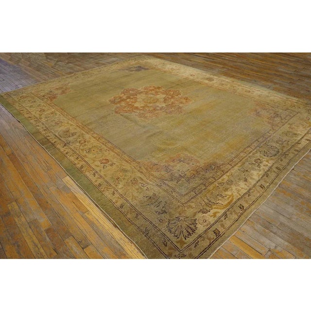 1900s Ligth Green Medallion Antique N. Indian Amritsar Carpet 9'2" X 11'8" Knotted Wool Rug For Sale - Image 4 of 12