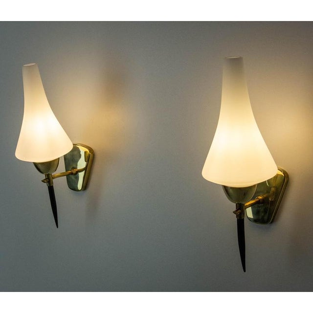 White Glass and Black & Golden Chrome Sconces in the style of Arlus, France, 1950s, Set of 2 For Sale - Image 6 of 12