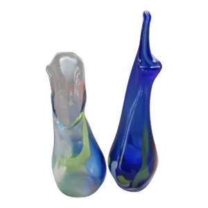 Mid-Century Modern Atomic Blue & Multi Color Swung Art Glass Vases - Set of 2