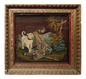 C1800 Antique Early American Hand Stitched Glass Shadow Box Scene - Man and His Dog