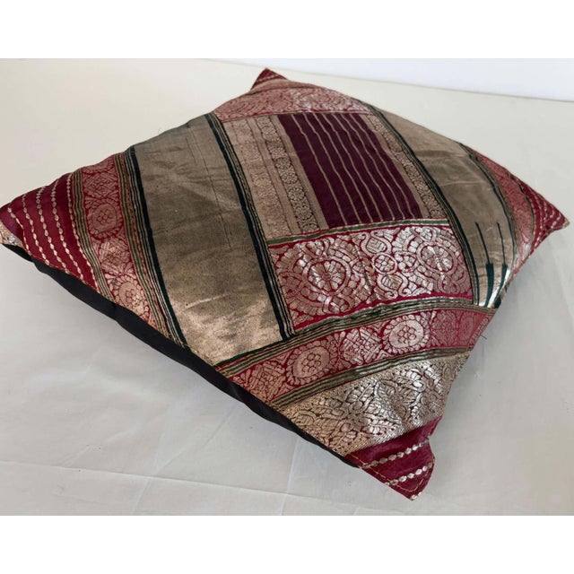 Indian One-of-a-Kind Indian Silk Sari Pillow, Metallic Zari Embroidery, 1980 For Sale - Image 3 of 10