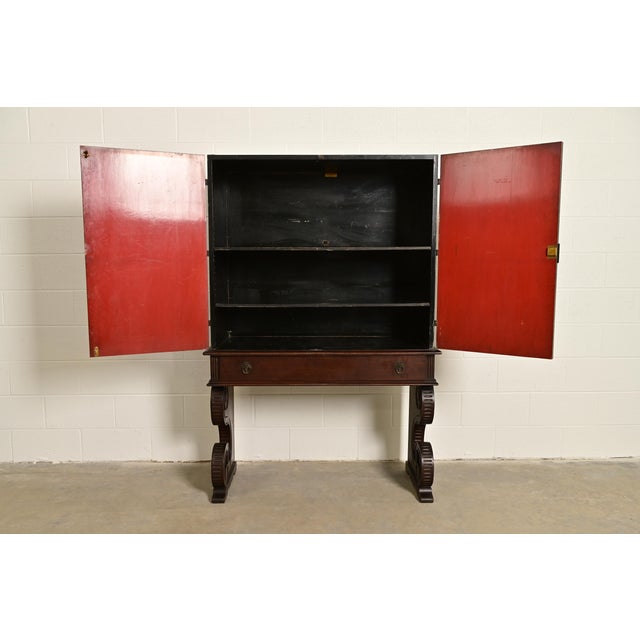 1920s Hollywood Regency Chinoiserie Red Lacquered Hand Painted Bookcase or Bar Cabinet, Circa 1920s For Sale - Image 5 of 17