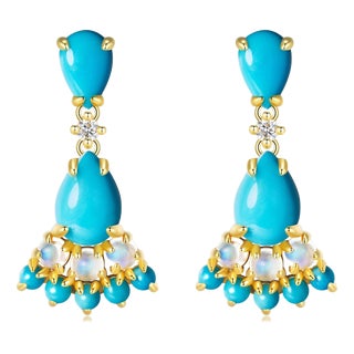 Nina Zhou Turquoise Moonstone Diamond Earrings in 14k Yellow Gold - a Pair For Sale