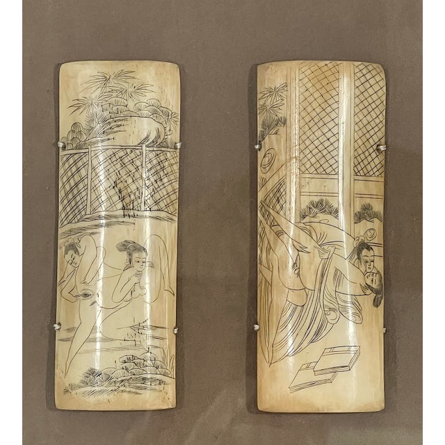Japanese Old Japanese Hand Etched Ukiyo-E Bone Shunga Panels With Beautiful Birds Eye Maple Frames, Set of 6 For Sale - Image 3 of 10