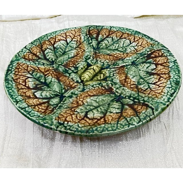 Ceramic Antique 1879 Griffen Smith Hill Begonia Majolica Plates – Etruscan Pottery Pair For Sale - Image 7 of 9