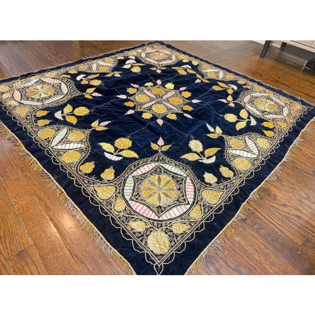 Antique Handmade Square Turkish Metal Threaded Embroidered Tapestry Tablecloth For Sale - Image 4 of 13