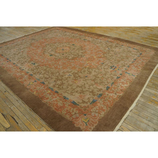 1920s Tan Sand Floral Layered Oriental Antique Chinese Art Deco Rug 9' X 11' 9'' For Sale - Image 9 of 11