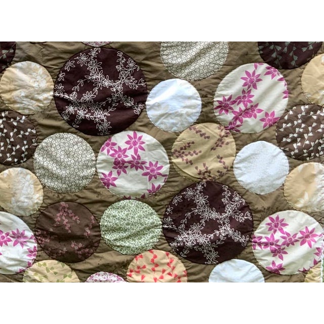 Hippie-Chic Japanese Cotton Medallion Quilt — Chocolate Brown & Pink Floral Circles, Hand Quilted, 66x88P For Sale - Image 15 of 18