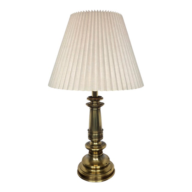 Vintage Brass Stiffel Table Lamp W/ Pleated Shade For Sale