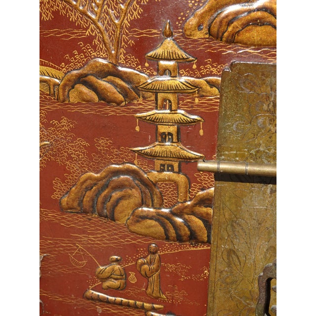Antique Storage Cabinet Oriental Chinese Red Lacquer Chinoiserie W Stand & Brass For Sale - Image 13 of 18