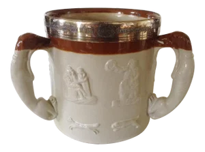 English Salt Glazed Tankard / Tyg With 3 Hound Handles