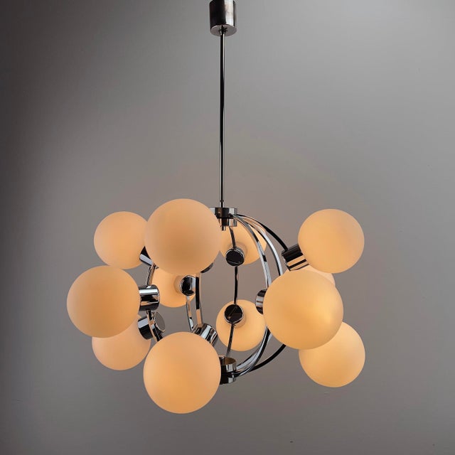 Large Space Age Sputnik Chandelier with 12 Opal Glass Spheres, Germany, 1970s For Sale - Image 9 of 12
