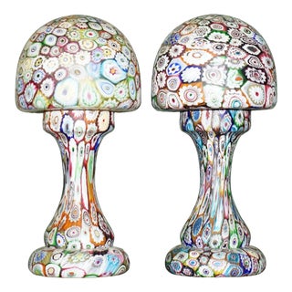 Exquisite Antique Murano Millefiori Italian Glass Mushroom Table Lamps, 1950s, Set of 2 For Sale