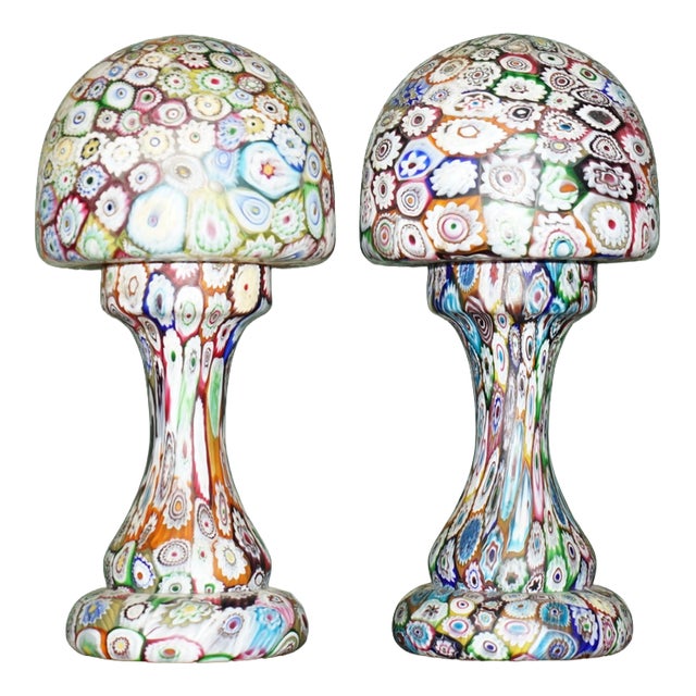 Exquisite Antique Murano Millefiori Italian Glass Mushroom Table Lamps, 1950s, Set of 2 For Sale