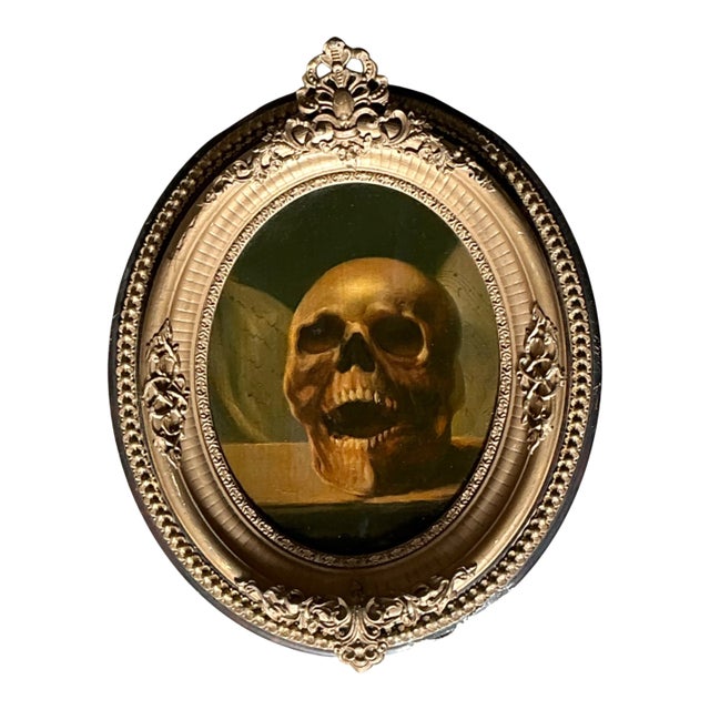 Vintage Skull Oil Painting in Ornate Frame For Sale