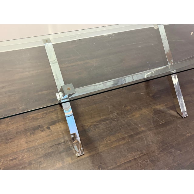 Metal Chrome X-Base Dining Table With Tempered Glass Top For Sale - Image 7 of 12