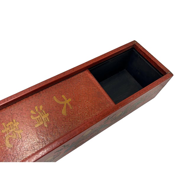 Chinese Distressed Red Lacquer Chinoiserie Long Rectangular Treasure Box For Sale - Image 10 of 10