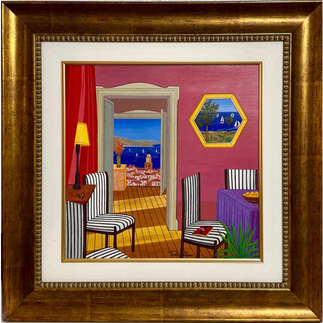Fanch (Francois Ledan), Whimsical Naive Mediterranean Seaside Interior Folk Art Oil Painting Fanch Ledan, 2002 For Sale - Image 18 of 18