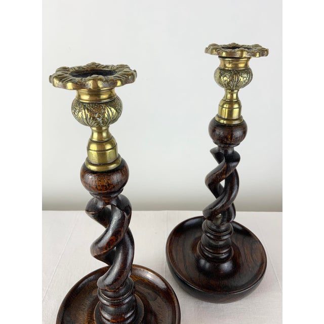 Wood 1920's Pair of Barley Twist Candle Holders With Brass Tops For Sale - Image 7 of 12