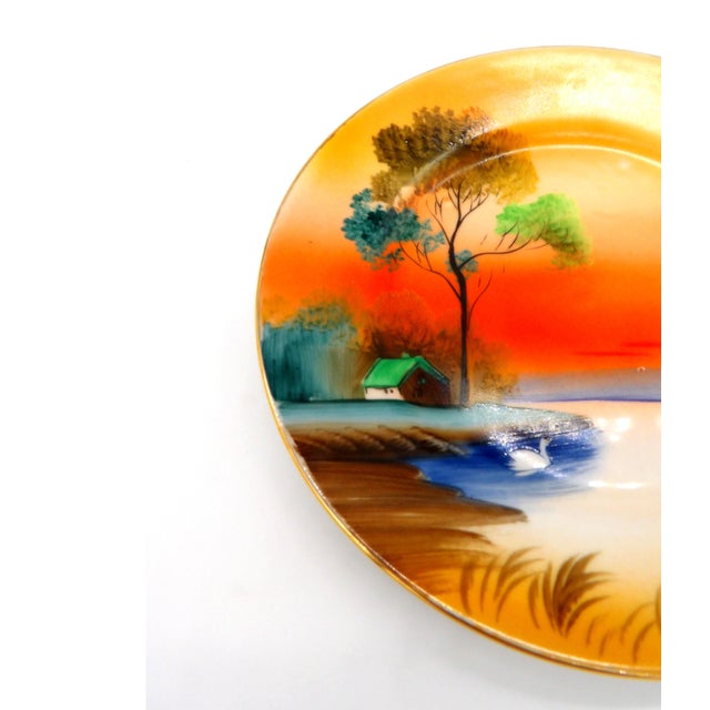 Mid 20th Century Vintage Noritake Porcelain Plates — Hand-Painted Sunset Lake Scene With Swan, Gold Rim, M in Wreath Mark, c.1920s-1940s - a Pair For Sale - Image 5 of 9