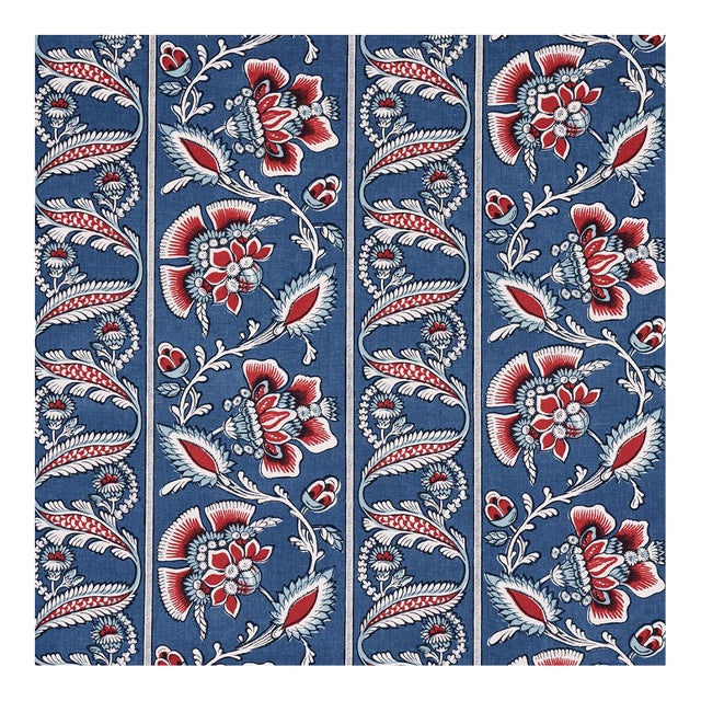 Sample - Schumacher Marielle Vine Fabric in Denim & Red For Sale