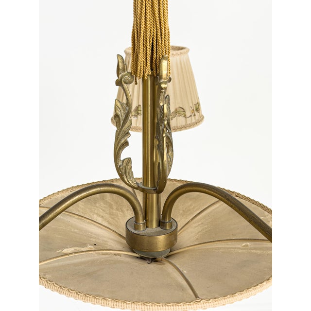 Swedish Brass Chandelier with Original Pleated Silk Shades, 1950 For Sale - Image 3 of 9