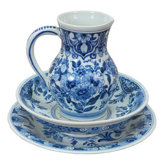 Vintage Dutch Oud Delft Blue & White Porcelain Pitcher Plate Berry Draining Bowl For Sale