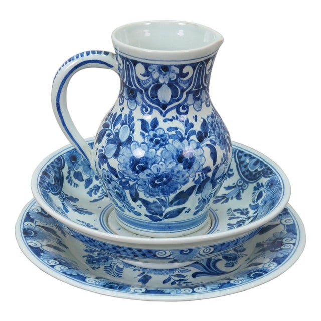 Vintage Dutch Oud Delft Blue & White Porcelain Pitcher Plate Berry Draining Bowl For Sale