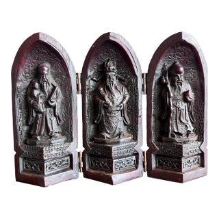 Antique Chinese Triptych Folding Sanxing Gods Resin Shrine For Sale