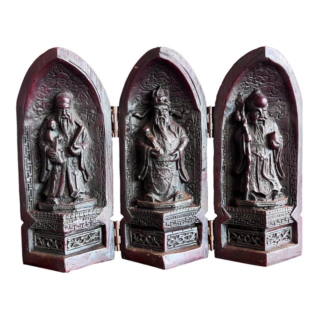 Antique Chinese Triptych Folding Sanxing Gods Resin Shrine For Sale