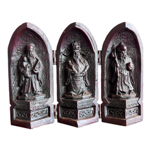 Antique Chinese Triptych Folding Sanxing Gods Resin Shrine